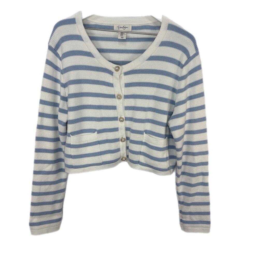 Light Blue White Stripe Gold Button Cardigan - Women's Size XL